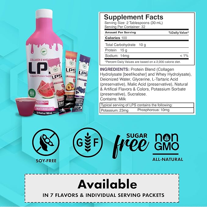 Nutritional Designs LPS Liquid Collagen & Whey Protein Supplement - Non-GMO Drink, Sugar-Free - Promotes Healthy Skin & Hair for Men & Women, Grape, Single Serve (25 Packets)