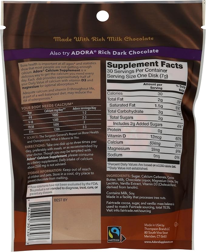 Adora, Calcium Disks Milk Chocolate, 30 Count