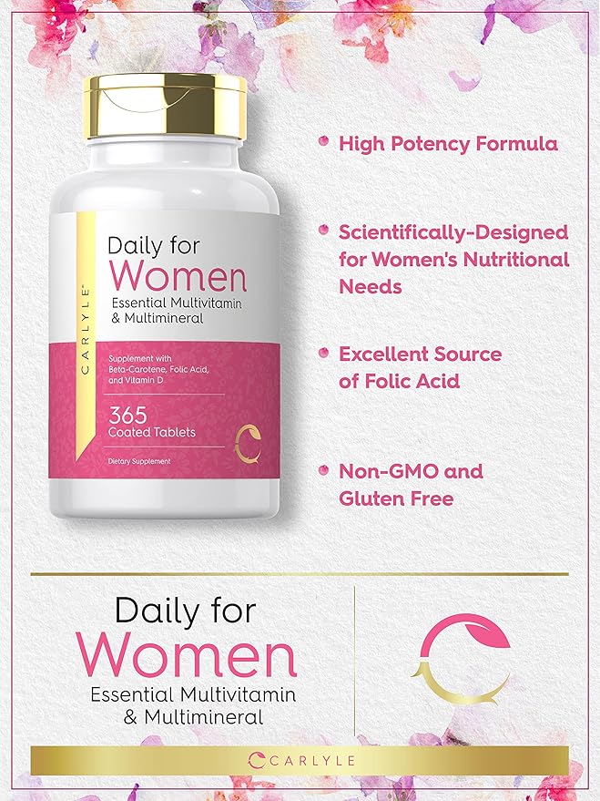 Carlyle Multivitamin and Multimineral for Women | 365 Tablets | Daily Supplement with Beta-Carotene, Folic Acid and Vitamin D | Non-GMO, Gluten Free Pills