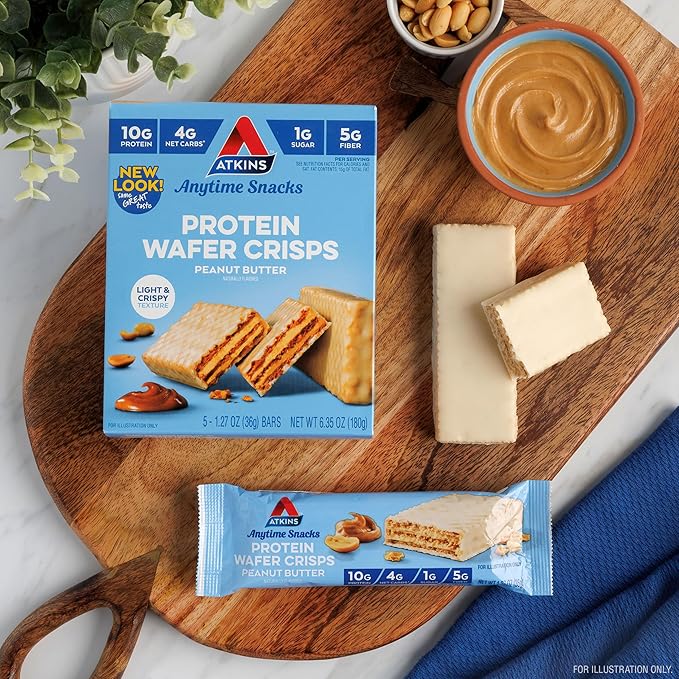 Atkins Peanut Butter Protein Wafer Crisps, Protein Dessert, 4g Net Carb, 1g Sugar, Keto Friendly, 5 Count