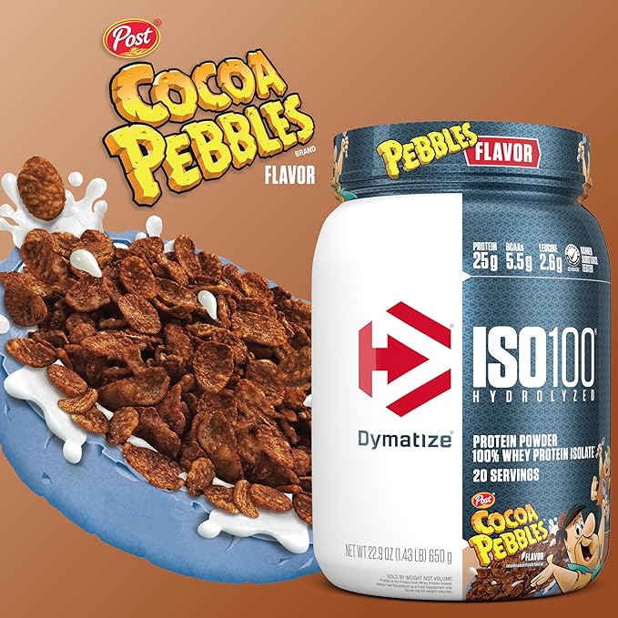 Dymatize x Cocoa Pebbles ISO100 Whey Protein Powder Isolate, 25g of Protein, 5.5g BCAAs, 120 Cal., Gluten Free, 1g Fat, 1g Sugar, 2g Carb (42 Servings)
