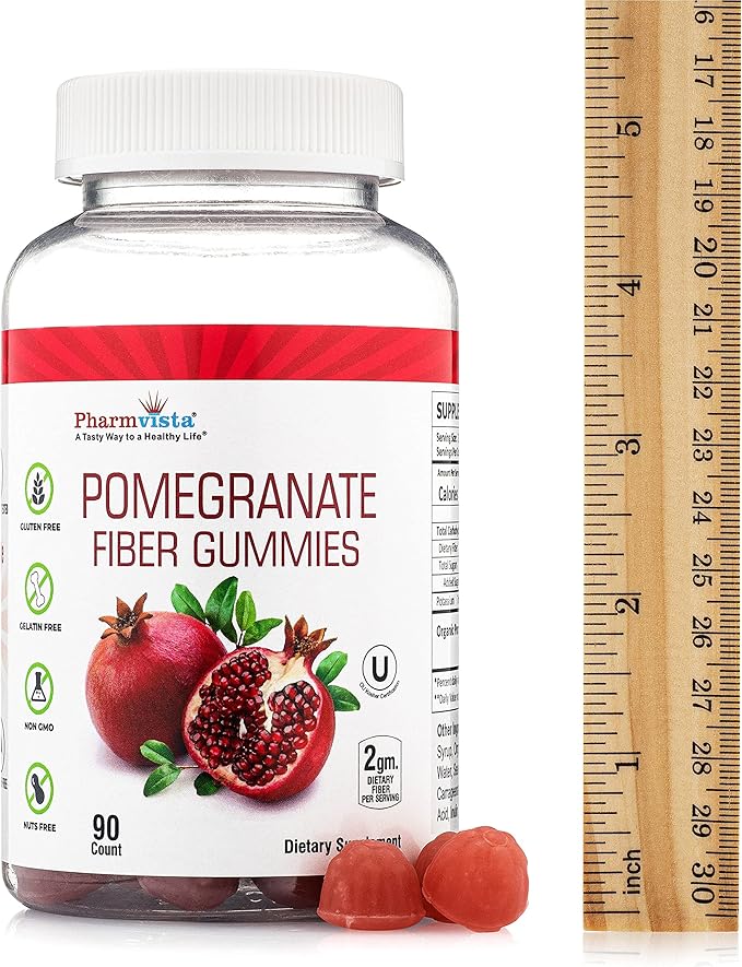 Pharmvista Pomegranate Fiber Gummies for Adults & Kids 100mg - Gluten Free Vegan Pomegranate Supplement Rich in Dietary Fiber Chewables Gummies- 90 Count