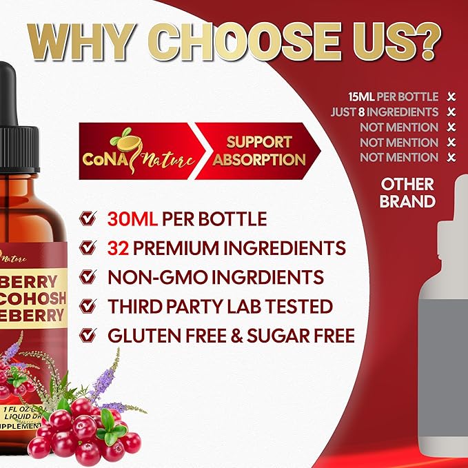 23in1 Cranberry Liquid Drops with, Vitamin D3, K2, C, E, Cranberry, Black Cohosh, Chasteberry, Wild Yam, D-Mannose, Probiotics, Maca & More to support health, Immunity - 30 Days Supply - 1FL Oz