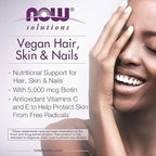 NOW Foods Solutions, Vegan Hair, Skin & Nails, Nutritional Support with 5,000 mcg Biotin, 90 Veg Capsules