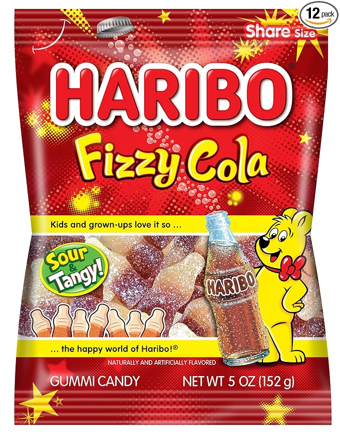 HARIBO Gummi Candy, Fizzy-Cola Gummy Candy Soda Bottles, 5 Ounce Share Size Bags (Pack of 12) Delicious Soft & Chewy Sweet Snacks, Sour & Tangy Cola Flavor