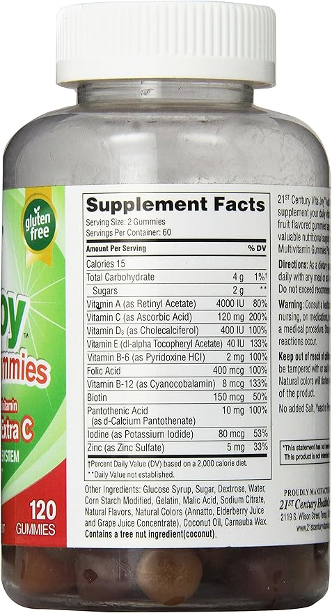 21st Century Vitajoy Multi Gummies Plus Extra C, Orange, Cherry and Strawberry, 120 Count