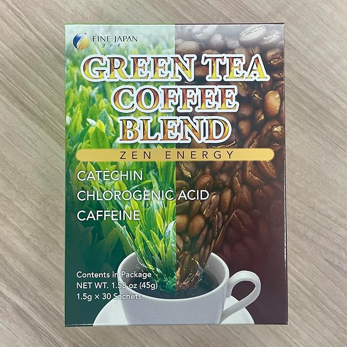 FINE JAPAN Green Tea and Coffee Blend Powder/Catechins and Chlorogenic Acid/Made in Japan/ 30 Sticks (45g)