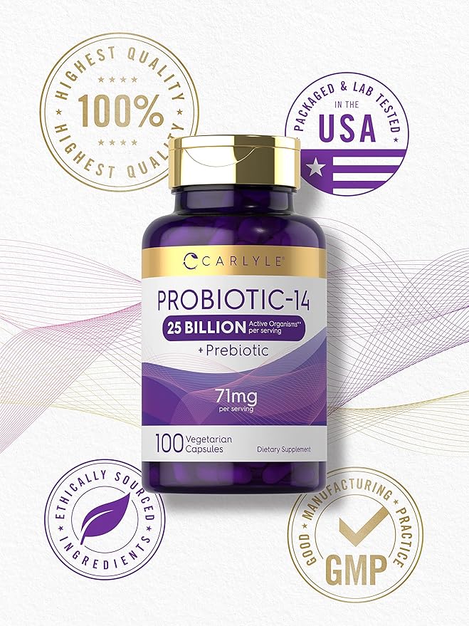 Carlyle Probiotics for Men and Women | 25 Billion CFU | with Prebiotics | 100 Capsules | Vegetarian, Non-GMO, & Gluten Free Supplement