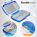 Travel Pill Organizer - Moisture Proof Portable Vitamin Holder with 7 Compartments, Compact Supplement Case for Purse Essential Medicine Kit fot Traveling Pocket Pharmacy with Labels, Blue
