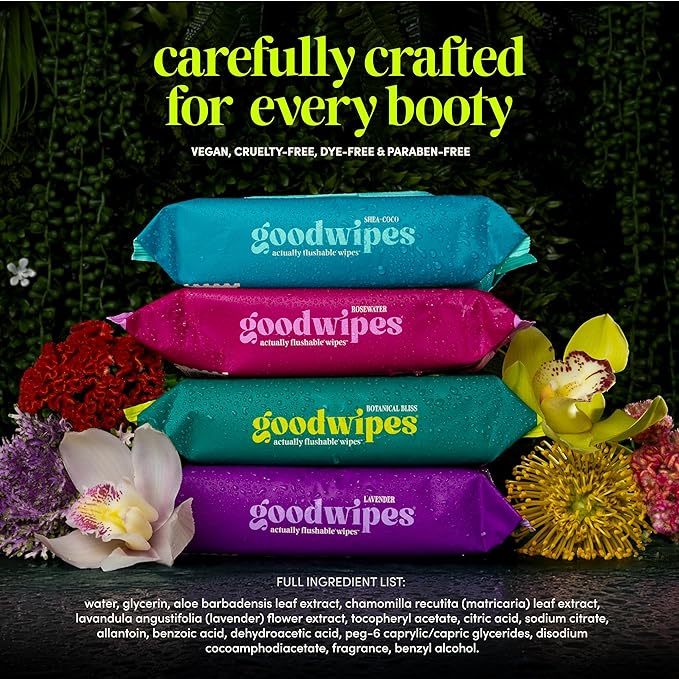 goodwipes Flushable Butt Wipes - Vitamin E & Aloe - Sewer & Septic Safe - Extra Large Adult Wet Wipes For Women & Men - Bathroom Essentials - Shea-Coco, 418 Count (8 Packs + 1 Travel)