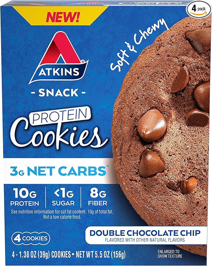 Atkins Double Chocolate Chip Protein Cookie, Protein Dessert, Rich in Fiber, 3g Net Carbs, 1g Sugar, Keto Friendly, 4 Count