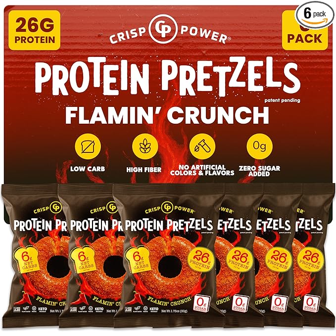 CRISP POWER Protein Pretzels, NEW Flamin' Crunch, 26G Protein, High Protein Snack, High Fiber, Low Carb Crunchy Pretzel Snacks, No Added Sugar, 1.75 oz Bags, 6 Pack, Vegan, Keto