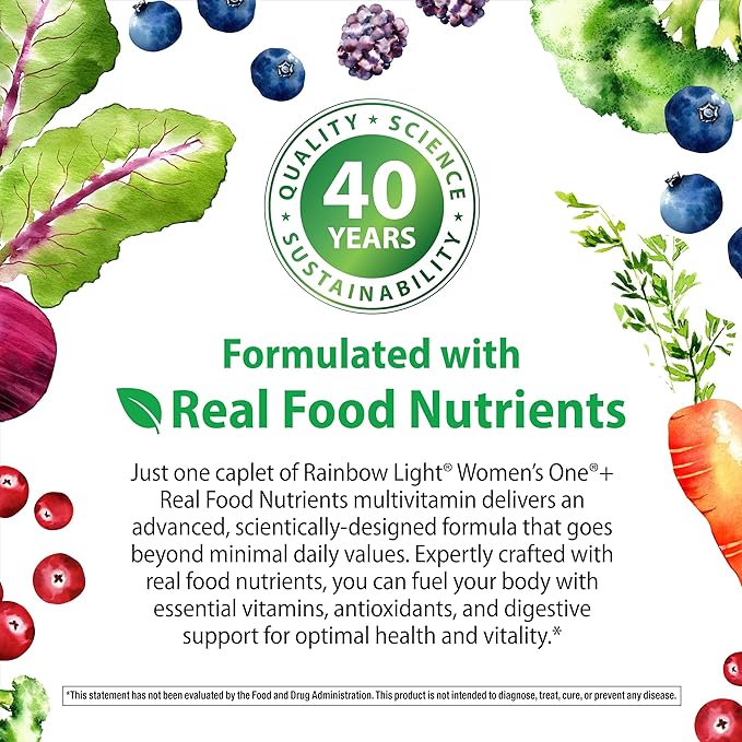 Rainbow Light Womens Multivitamin One + | 30 Caplets | Real Food Nutrients, Digestive Enzymes & Probiotics