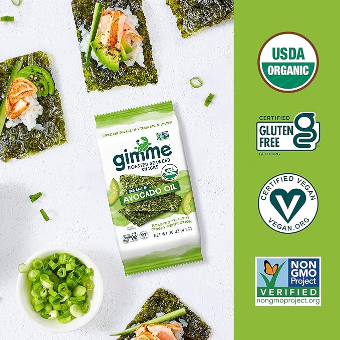 Gimme Seaweed Organic Premium Roasted Seaweed Snacks, Sea Salt & Avocado Oil, 6 Count, Keto, Vegan, Gluten-Free, Great Source of Omega3s and Iodine, Healthy On-The-Go Snack for Kids and Adults