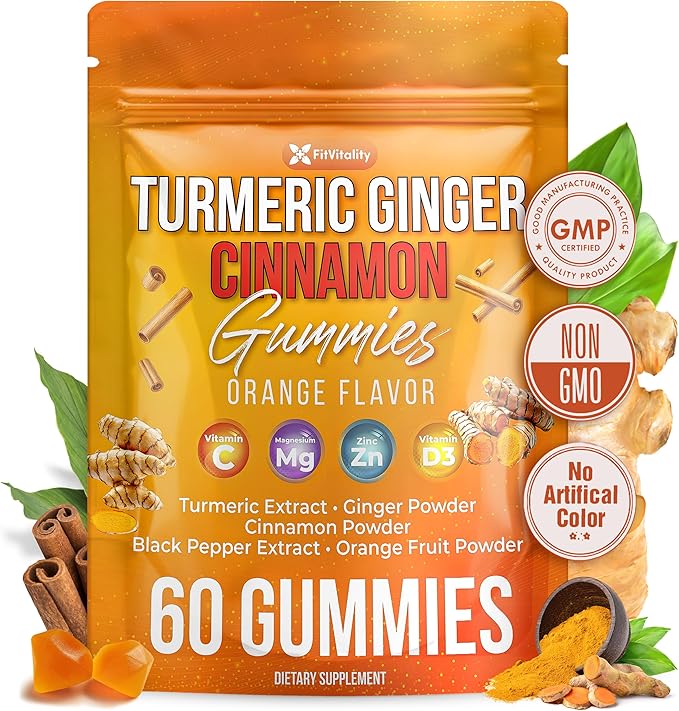 Premium 60 Turmeric Ginger Cinnamon Gummies – with Vitamin E, B12, Magnesium, Black Pepper Extract & Vitamin D3 – Orange Fruit Flavor - Vegan Gummies