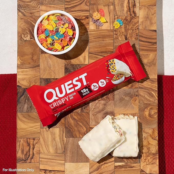 Quest Nutrition Crispy Protein Bar, Fruity Cereal Flavor, 18g Protein, 1g Sugar, 2g Net Carbs, Low Sugar, 12 Count