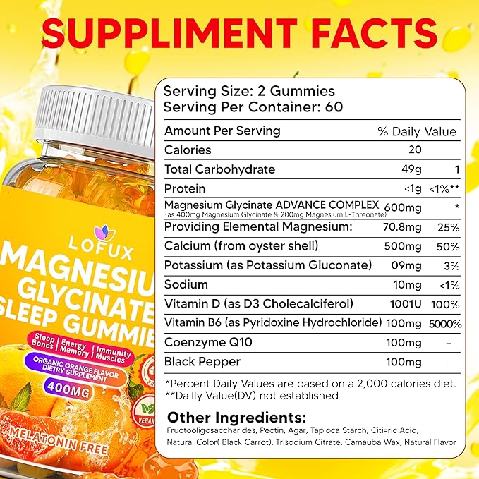 Lofux Magnesium Glycinate Gummies 400mg, Sugar Free Magnesium Gummies for Adults Women, Men, Chewable Supplement Gummy with L-Threonate, Vitamin D, B6, CoQ10 - for Calm, Sleep, Body Relaxation, 60 Ct