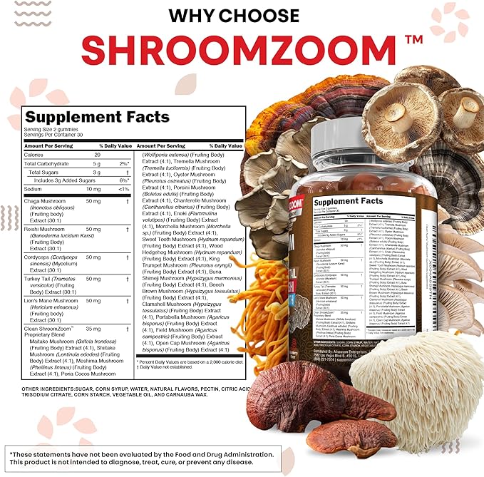 15in1 Mushroom Gummies with Lion's Mane Turkey Tail Cordyceps Reishi Chaga Sweet Toot Maitake Meshima Poria Cocos Shiitake Tremella, Oyster Agaricus Mushrooms for Men and Women Supplement Clean Nutra