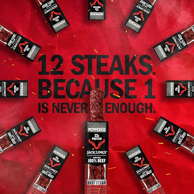Jack Link's Peppered Beef Steaks - Ready to Eat Real Meat Protein Snacks - 23g Protein per Serving - Made with 100% Real Beef - (12 Pack) 2 oz Meat Snacks