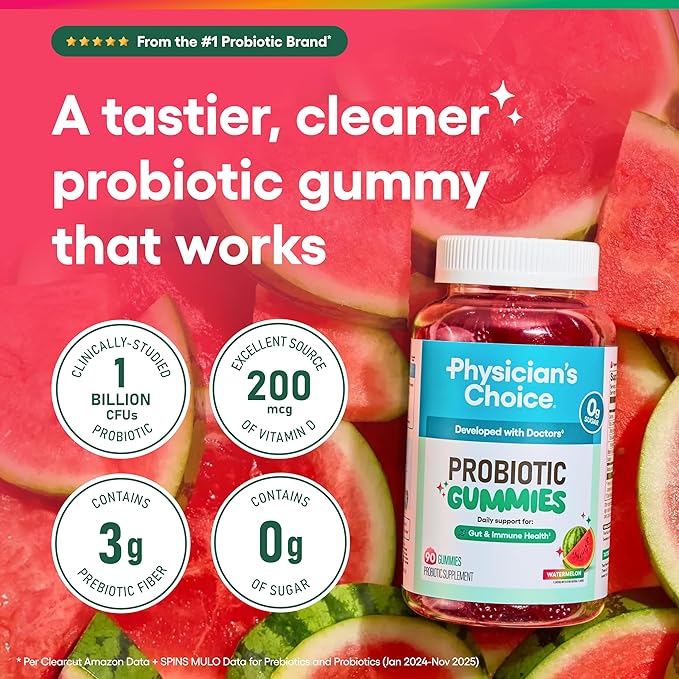 Physician’s Choice Probiotic Gummies with Vitamin D & Prebiotic Fiber - Sugar Free - 1B CFUs of Clinically Studied Probiotic - Supports Immune & Gut Health for Adults - Watermelon Flavor - 90CT 2-pack