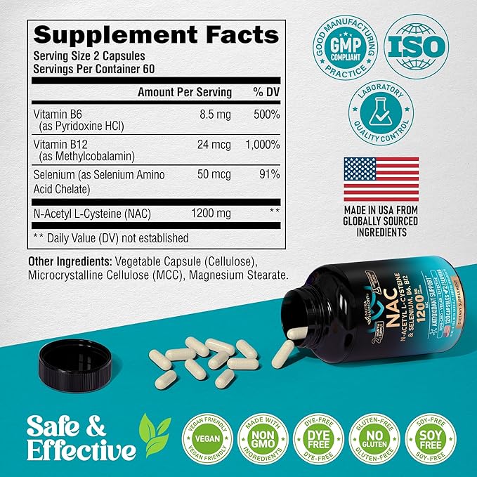 NAC Supplement | Selenium | B6 | B12 - Antioxidant, Immune Support - N Acetyl Cysteine 600 mg per Capsule, 1200 mg per Serving - Made in USA - Non-GMO, Gluten-Free, Vegan - 120 caps, 2 Month Supply