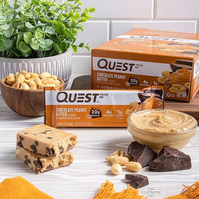 Quest Nutrition Chocolate Peanut Butter Protein Bars, 20g Protein, 1g Sugar, 5g Net Carb, Gluten Free, Keto Friendly, 4 Count