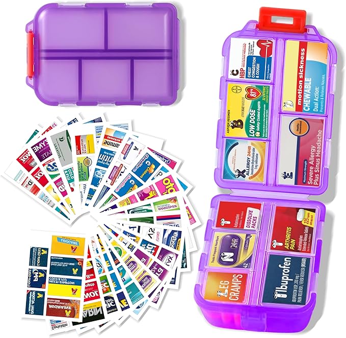 iouwei Large Pill Organizer with Medicine Labels - 7 Day Travel Daily Container, Mini Medication Storage Case (Purple, 161 Labels)