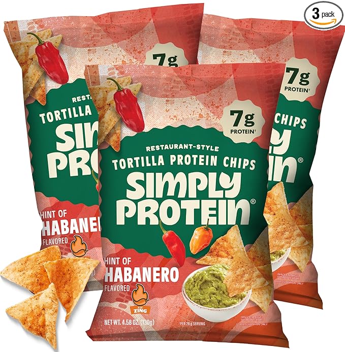 Simply Protein - Tortilla Chips, Restaurant Style Protein Chips, Hint of Habanero (3-Pack) - 7g Protein, 140 Calories, Gluten Free, Vegan - Plant Based Pea Protein Snacks - 3 Bags, 4.58oz (130g)