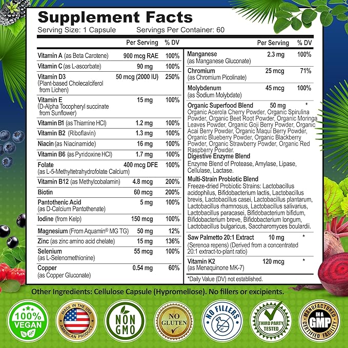 Men's Daily Multivitamin – Vegan Methylated Multivitamin for Men with Saw Palmetto, Biotin, Organic Superfoods, Probiotics & Enzymes – Energy, Gut & Optimal Health Support – Easy to Swallow Capsules
