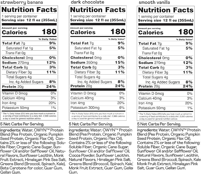 OWYN Only What You Need Protein Shake, 20g Vegan Protein, Ready to Drink, Dairy Free, Great Taste, 4g Sugar, 5g Net Carbs, Strawberry Banana Variety Pack, 12 Fl Oz (12 Pack)