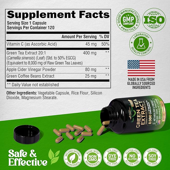 Green Tea Extract - 50% EGCG, Extra Strength 20:1 Extract - Natural Green Tea Supplement + Green Coffee Beans & Apple Cider Vinegar - Energy & Metabolism Support - for Men & Women - Vegan 120 Capsules