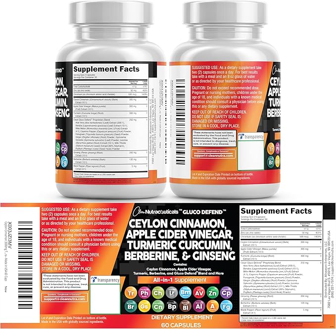 Clean Nutraceuticals Ceylon Cinnamon Capsules + Berberine Turmeric Apple Cider Vinegar Ginseng Bitter Melon Gymnema Milk Thistle Fenugreek Supplement Pills Powder for Men & Women