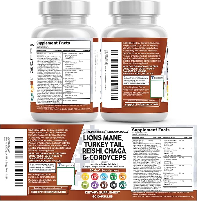 Clean Nutraceuticals Lions Mane 20in1 Mushroom Supplement with Turkey Tail Reishi Cordyceps Chaga Maitake Meshima Poria Cocos Shiitake Oyster Porcini Enoki - 3Pack
