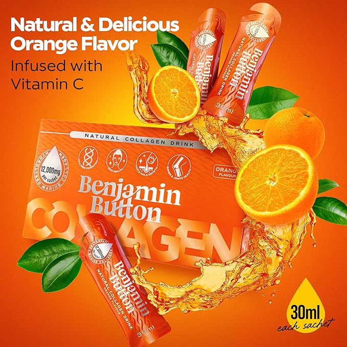 Marine Collagen Liquid Sachet w/Hyaluronic Acid & Vitamin C | for Hair, Skin, Nails & Joints | 12,000mg High Strength Hydrolysed Collagen (1.01 Fl Oz (Pack of 28), Orange)