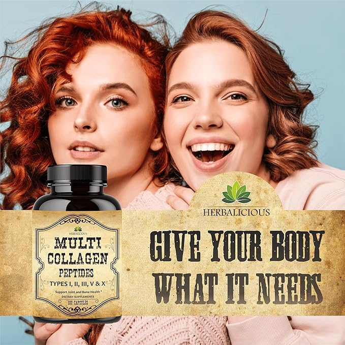 HERBALICIOUS Multi Collagen Peptides Capsules - Non-GMO & Gluten Free Type I, II, III, V, X Hydrolyzed Collagen Supplements with Vitamin C - Supports Healthy Hair, Skin, Nails, & Joints - 120 Capsules