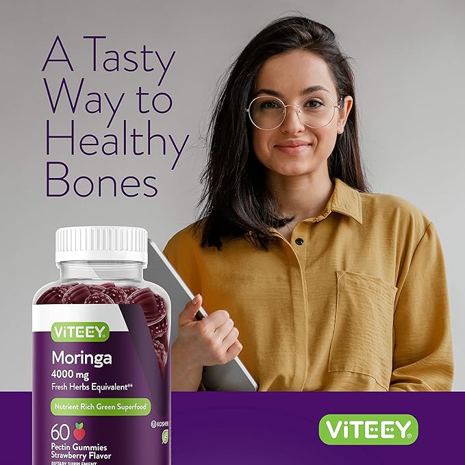 Viteey Moringa Gummies - 4,000mg [from 400mg of 10:1 Extract] of Moringa Supplement Super Greens Gummies - Antioxidant Wellness and Digestive Support - Vegan, Gluten Free - 60 Count