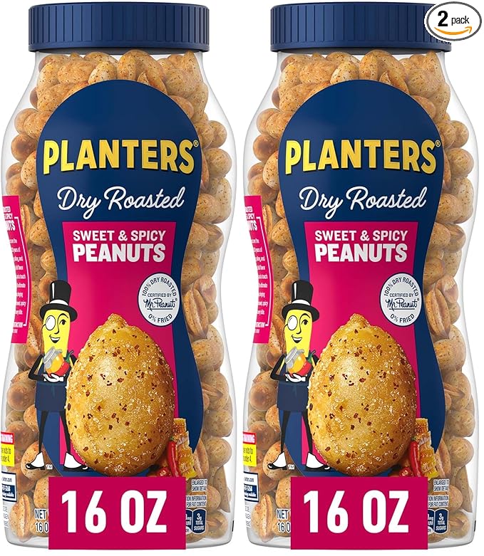 Planters Sweet and Spicy Peanuts, Party Snacks, Plant-Based Protein, 16 oz Jar (Pack of 2)