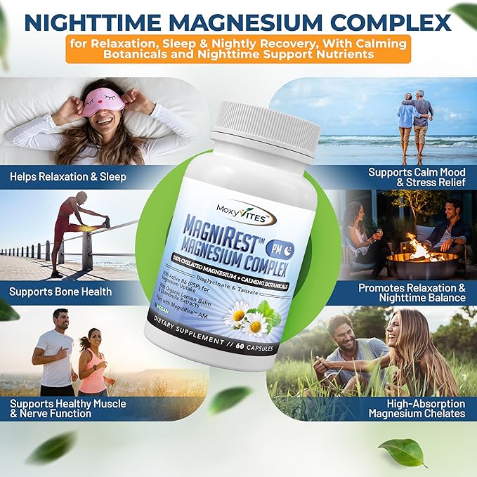 MoxyVites MagniRest PM Magnesium Complex for Women & Men - Magnesium Bisglycinate, Taurate, Active B6, & Calming Organic Botanicals - Chelated High Absorption - Nighttime Magnesium, 60 Vegan Capsules