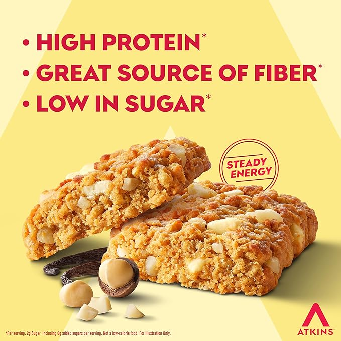 Atkins Soft Baked High Protein Bars, Vanilla Macadamia Nut Flavor, 15g Protein, 4g Net Carbs, 2g Sugar, Excellent Source of Fiber, High Protein, 6 pack (4 bars each)