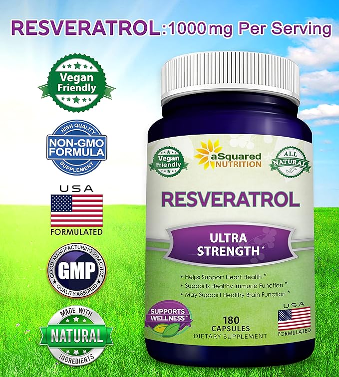 100% Natural Resveratrol - 1000mg Per Serving Max Strength (180 Capsules) Antioxidant Supplement, Trans-Resveratrol Pills for Heart Health & Pure, Polyphenols (Pack of 2)