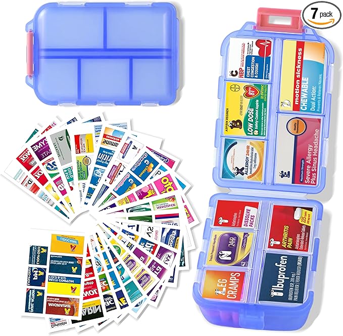 iouwei Large Pill Organizer with Medicine Labels - 7 Day Travel Daily Container, Mini Medication Storage Case (Blue, 161 Labels)