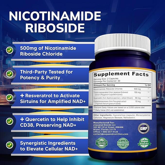 aSquared Nutrition NAD Resveratrol Supplement - NAD+ Nicotinamide Riboside 500mg (Vitamin B3) Plus Trans-Resveratrol & Quercetin - NMN Alternative for Men & Women - 60 Capsules