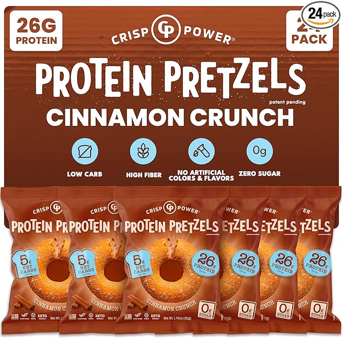 CRISP POWER Protein Pretzels, NEW Cinnamon Crunch, 26G Protein, High Protein Snack, High Fiber, Low Carb Crunchy Pretzel Snacks, No Added Sugar, 1.75 oz Bags, 24 Pack, Vegan, Keto