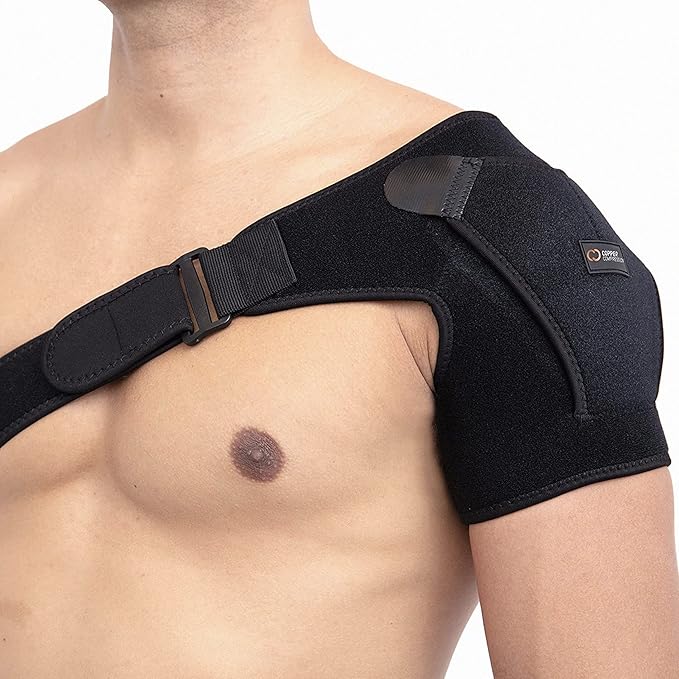 Copper Compression Recovery Shoulder Brace - Immobilizer for Torn Rotator Cuff, AC Joint Pain Relief, Dislocation, Arm Stability, Injuries, Tears - Adjustable Fits Men, Women - Black - S/M
