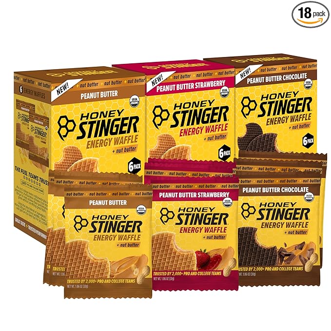 Honey Stinger Organic Peanut Butter Energy Waffle Variety Pack of 18, 6 Pack Each of Peanut Butter, PB Chocolate and PB Strawberry, Nutritious Stroopwafel Snack for Exercise, Endurance and Performance