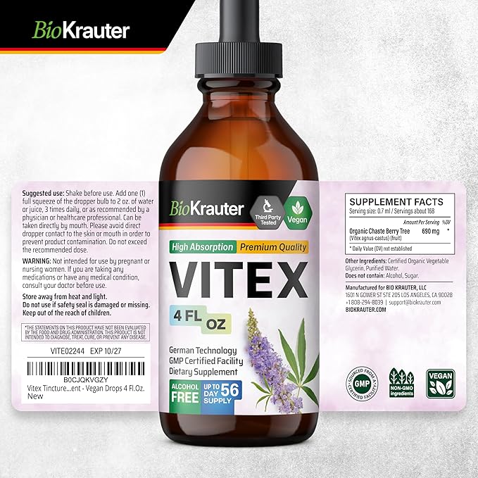 BIO KRAUTER® Vitex Chasteberry Supplement for Women & Menopause Support* - 4 Fl.Oz 56 Days of Supply - Pure Vegan Vitex Berry Tincture - Alcohol & Sugar Free, Non-GMO - Relaxation & Women's Wellness*