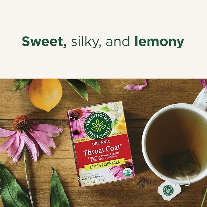 Traditional Medicinals Tea, Organic Throat Coat Lemon Echinacea, Supports Throat Health & Immune Function - Kosher, Non-GMO, Caffeine-Free, Compostable - 96 Tea Bags (3 Pack)