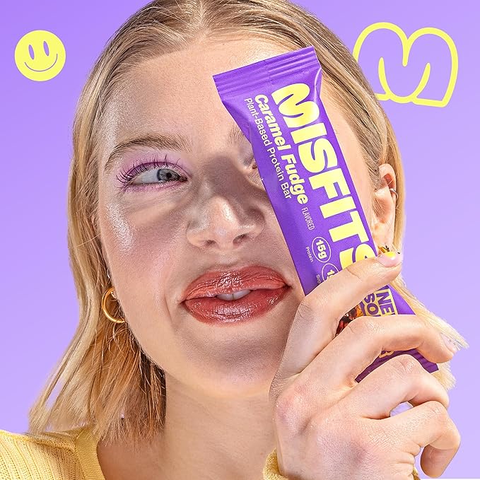 Misfits Vegan Protein Bars - Sweet Caramel Fudge | Nutrition Bars - 15g Protein, 1g Sugar, Plant-based, Low Carb, Non-GMO, Gluten Free Snacks | Pack of 12