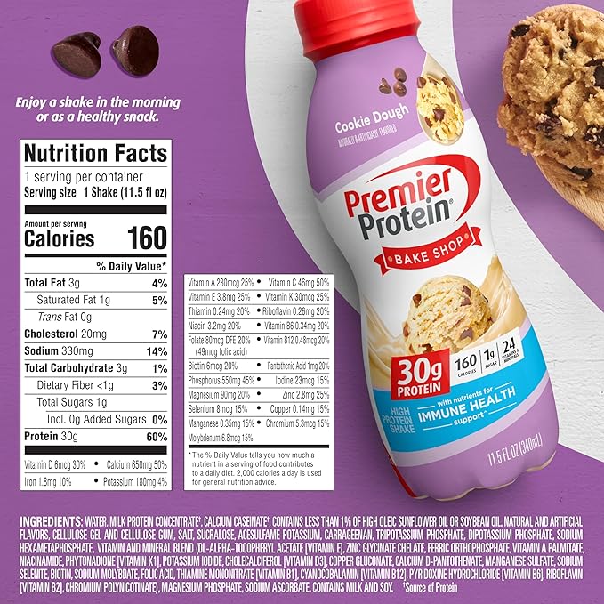 Premier Protein Shake,Cookie Dough,30g Protein,No Added Sugar,24 Vitamins & Minerals to Support Immune Health,11.5 fl oz (Packaging May Vary),(Pack of 24)