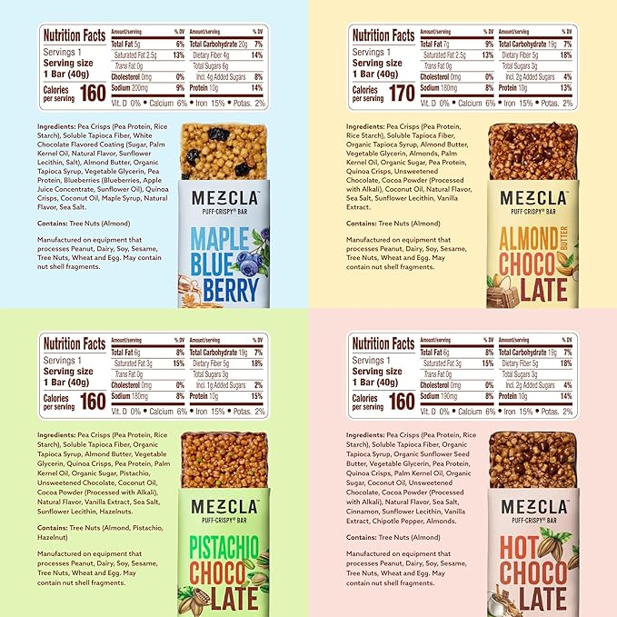 Mezcla Puff-Crispy Plant Based Protein Bars - Variety Pack - Healthy Snacks for Adults & Kids - Granola Bars for School, Travel, & Office Snacks - Gluten Free, Vegan, Non GMO, 10g Protein - 8 Count